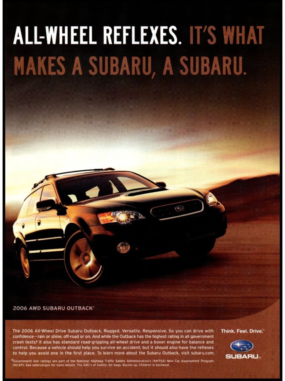 2006 Subaru AWD Outback Wagon Vintage Print Ad Sunset Desert Reflexes Wall Art